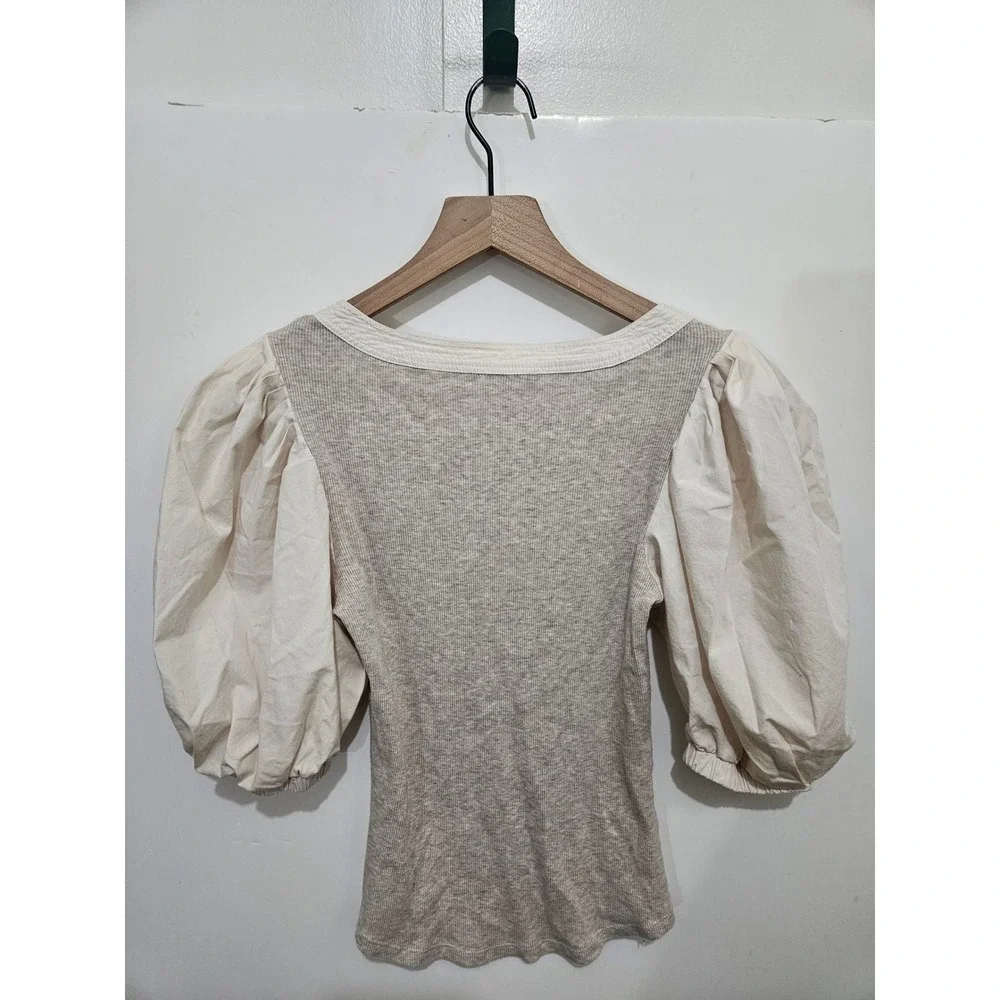 Ulla Johnson Pre-Fall 2022 Mixed Media Puff Sleeve Henley Top Oatmeal P